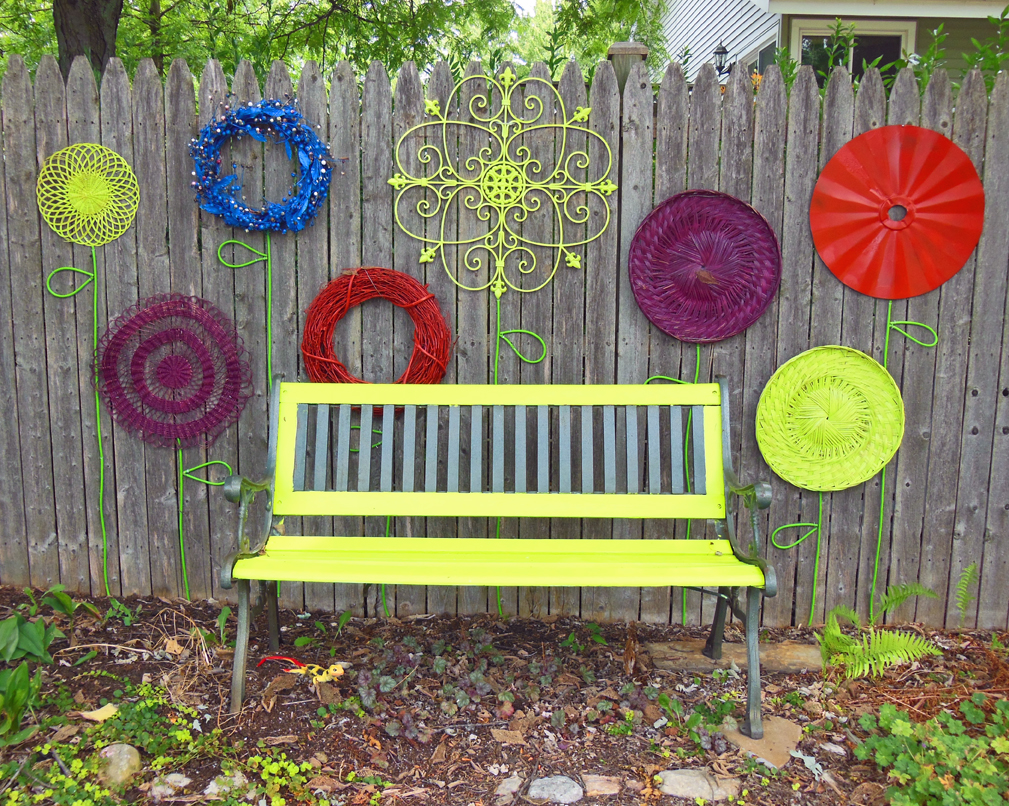 Recycled Garden Flower Garden Wall Folk Art With Park Bench
