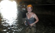 Landing in the waterfall at the end of the zipline.