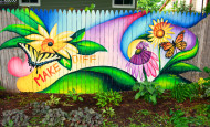 Mural of Flowers and Butterflies on Back Garden Fence Close View Shawna Coronado