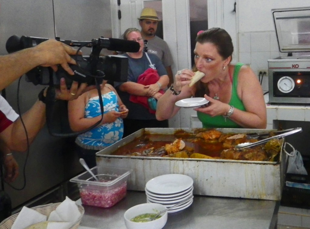 Eating pork tacos in Akumal, Mexico with Chef Carlos and Shawna Coronado.