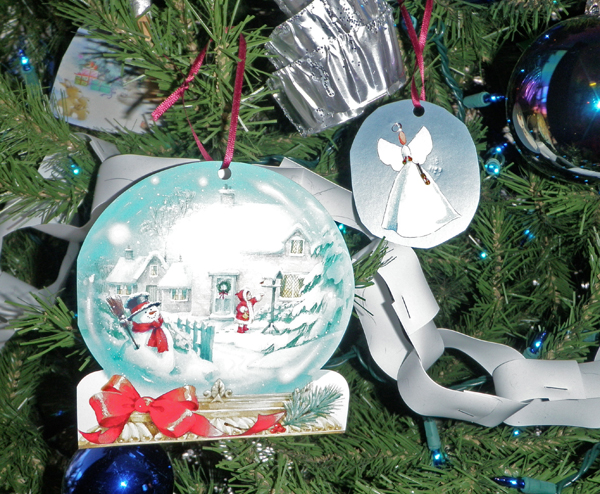 Homemade recycled-reused ornaments on Shawna Coronado's Christmas Tree.