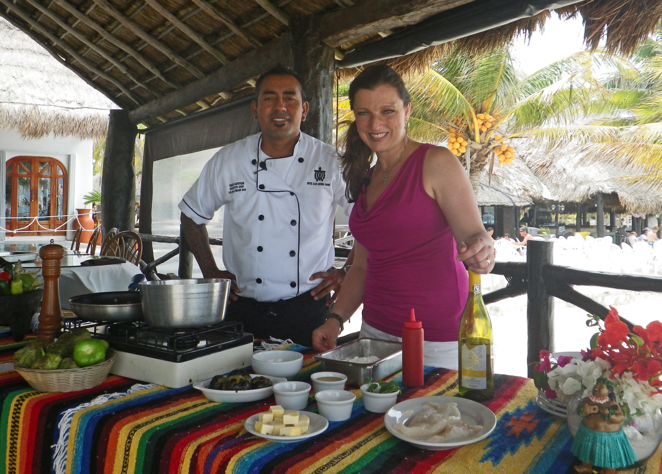 Shawna Coronado cooking grouper fish in Akumal Mexico with Chef Carlos