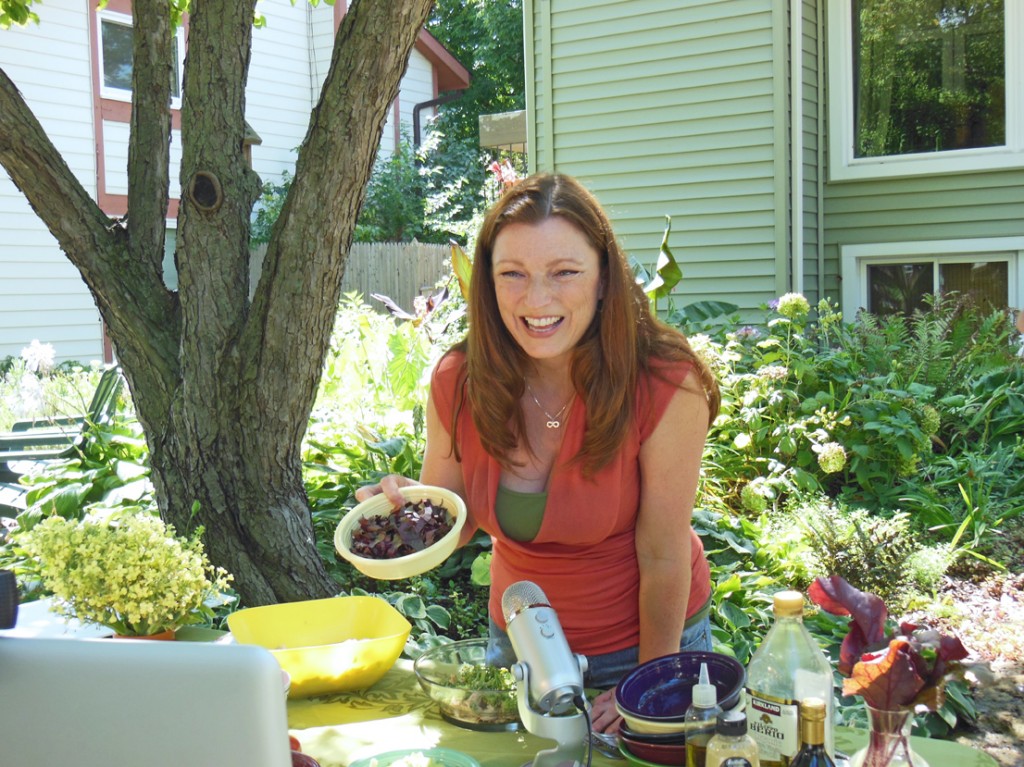 Shawna Coronado cooking on Google Hangouts LIVE in her front lawn vegetable garden.