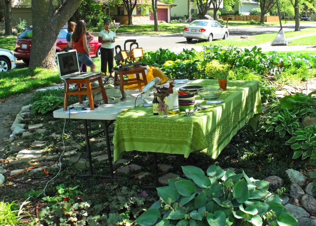 Google Hangout video production set up in Shawna Coronados front lawn vegetable garden