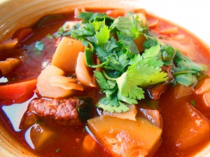 Beef vegetable soup in bowl