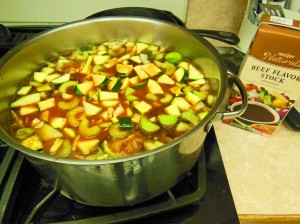 Beef vegetable soup simmering