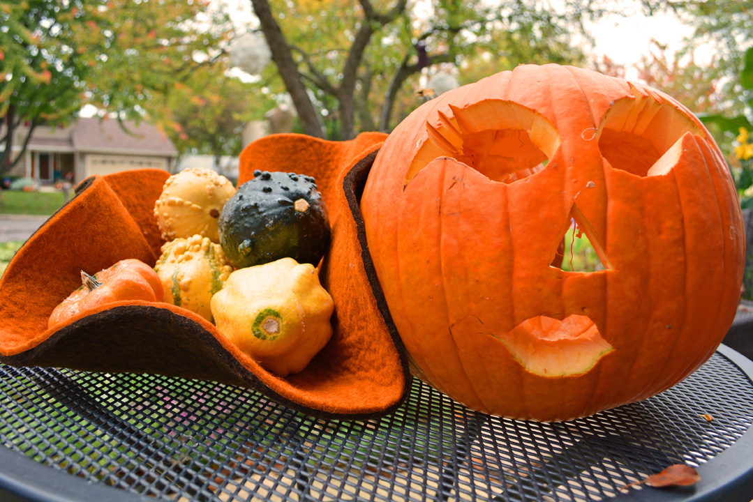 Pumpkin faces and felted bowl