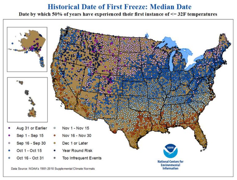 First Frost Date Chart from the NOAA