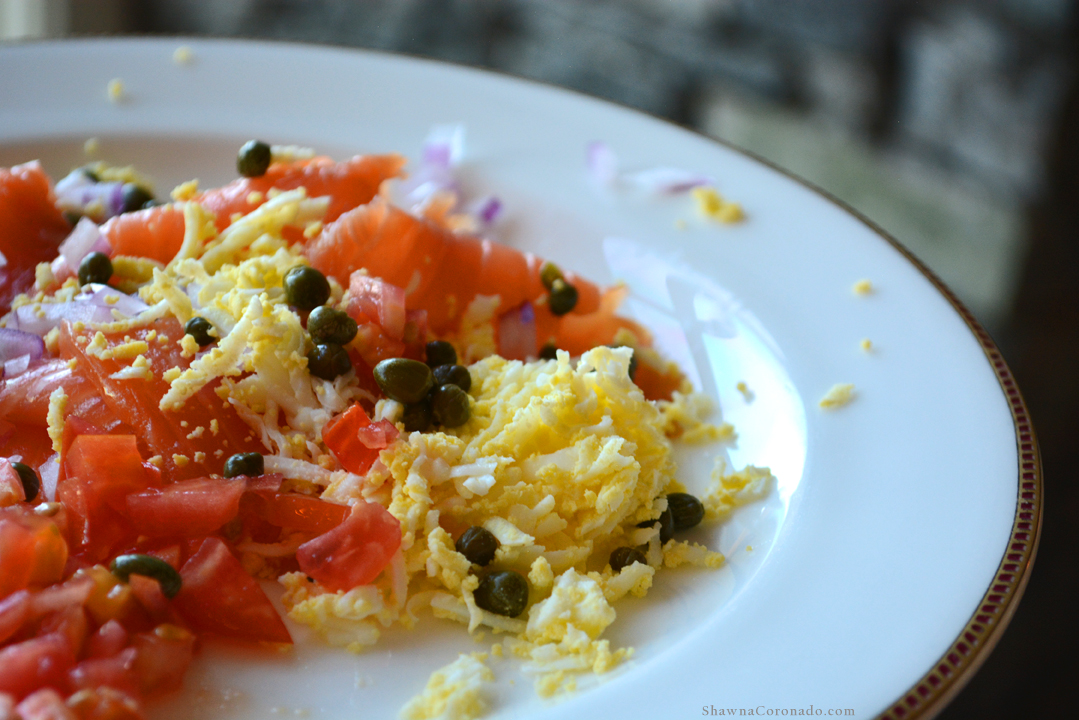 Salmon and hard boiled eggs closeup photo