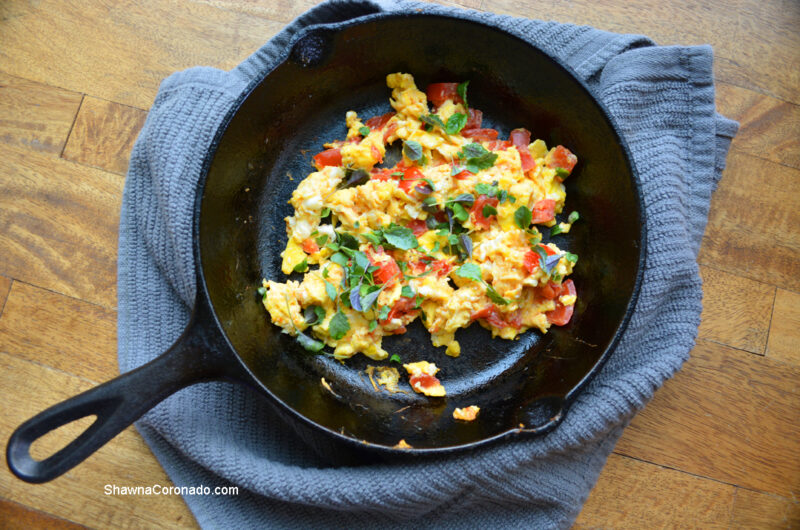 Scrambled Eggs with Tomatoes and Microgreens Recipe