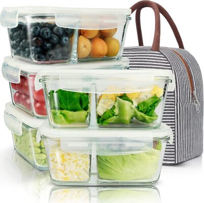 Glass-portion-control-meal-prep-containers-and-carry-bag